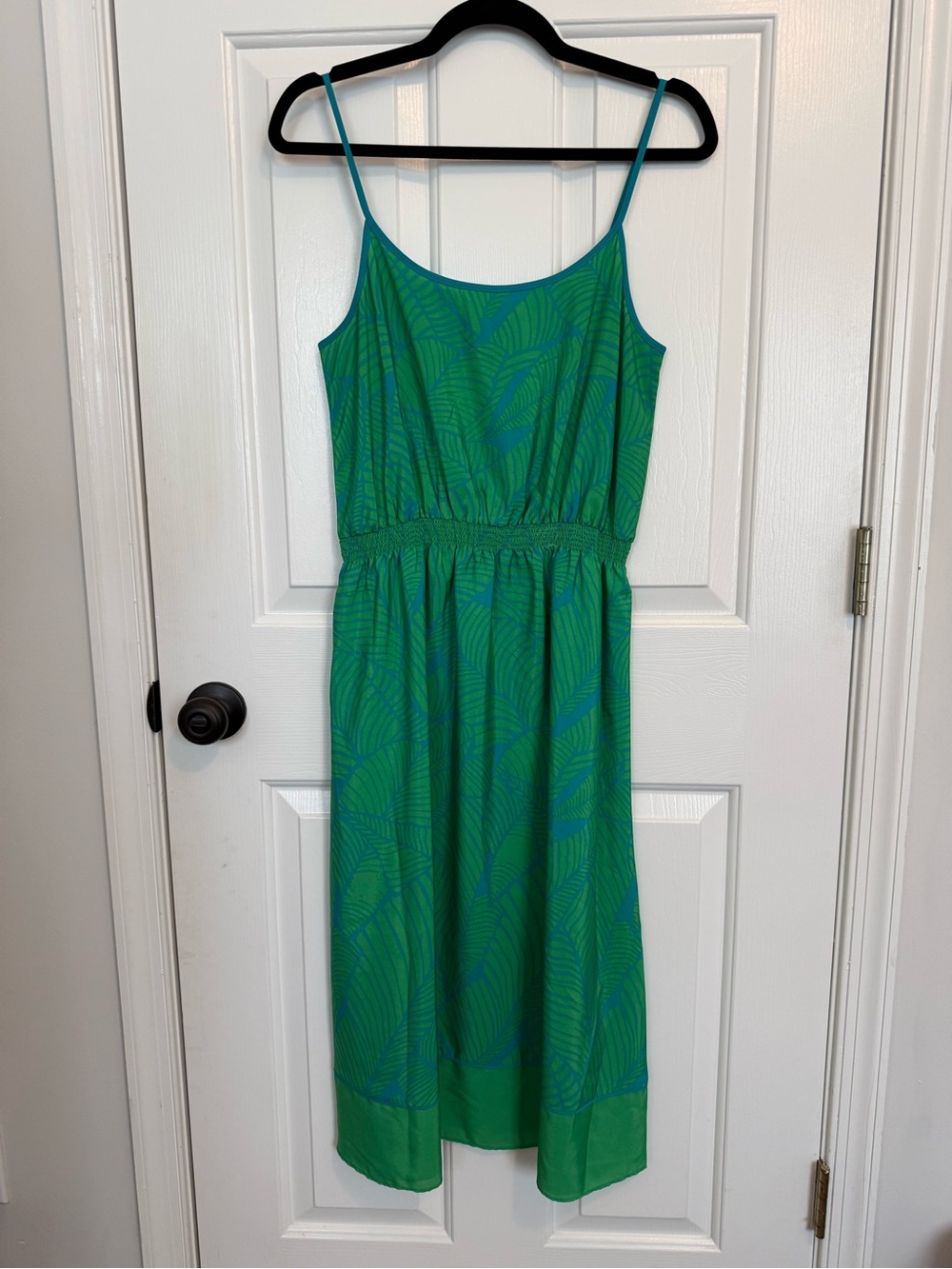 LOFT Green and Teal Leaf-Print Midi Sundress